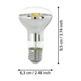 Clear dimmable LED reflector bulb E27 R63 with mirrored silver dome and visible filament LEDs, shown with labelled dimensions of 9.5cm height and 6.3cm diameter on a white background.