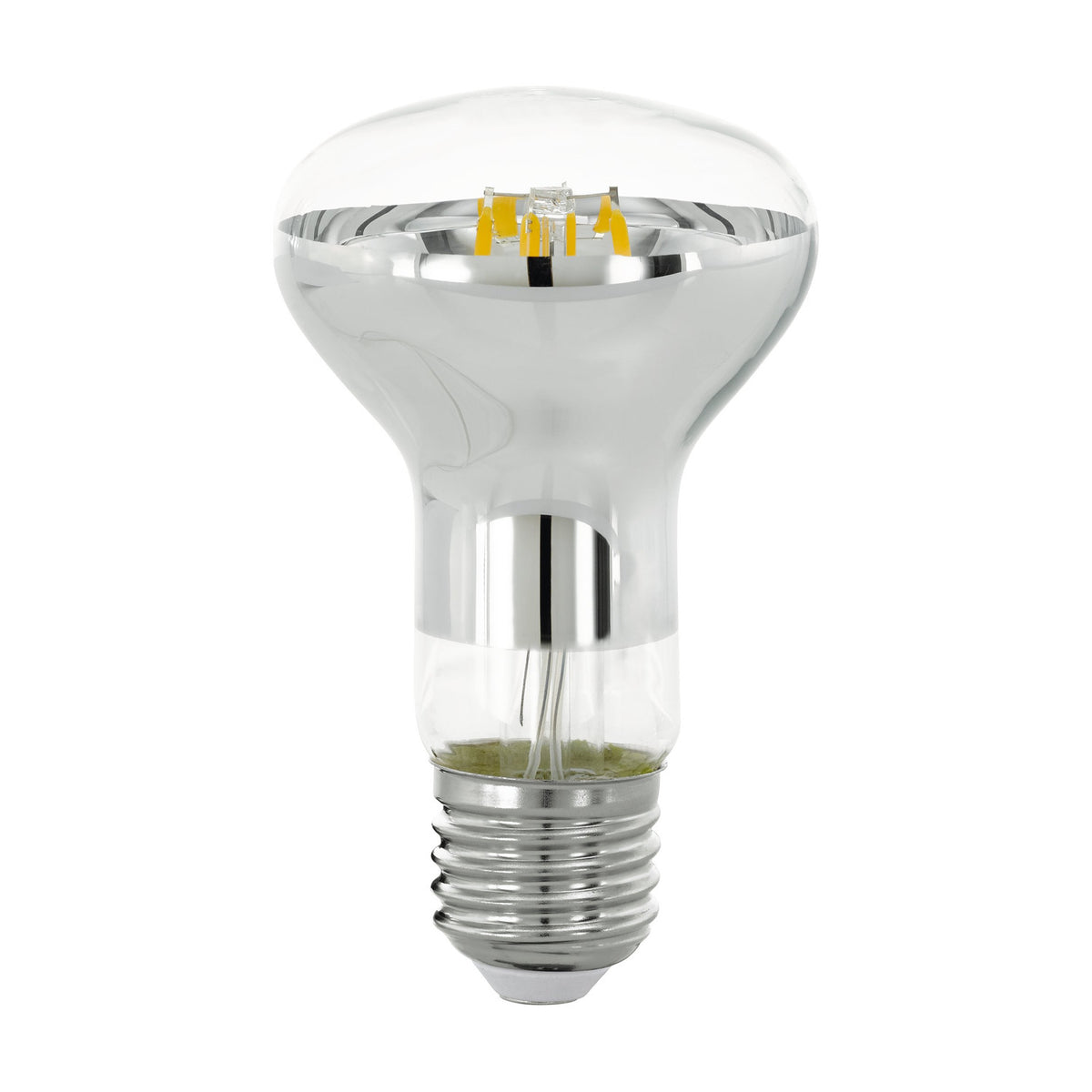 Clear dimmable LED reflector bulb with mirrored silver dome, visible filament LEDs, and E27 screw fitting, shown on a plain white background.