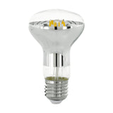 Clear dimmable LED reflector bulb with mirrored silver dome, visible filament LEDs, and E27 screw fitting, shown on a plain white background.