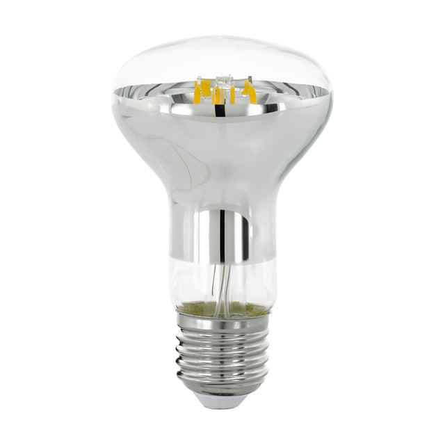 Clear dimmable LED reflector bulb with mirrored silver dome, visible filament LEDs, and E27 screw fitting, shown on a plain white background.