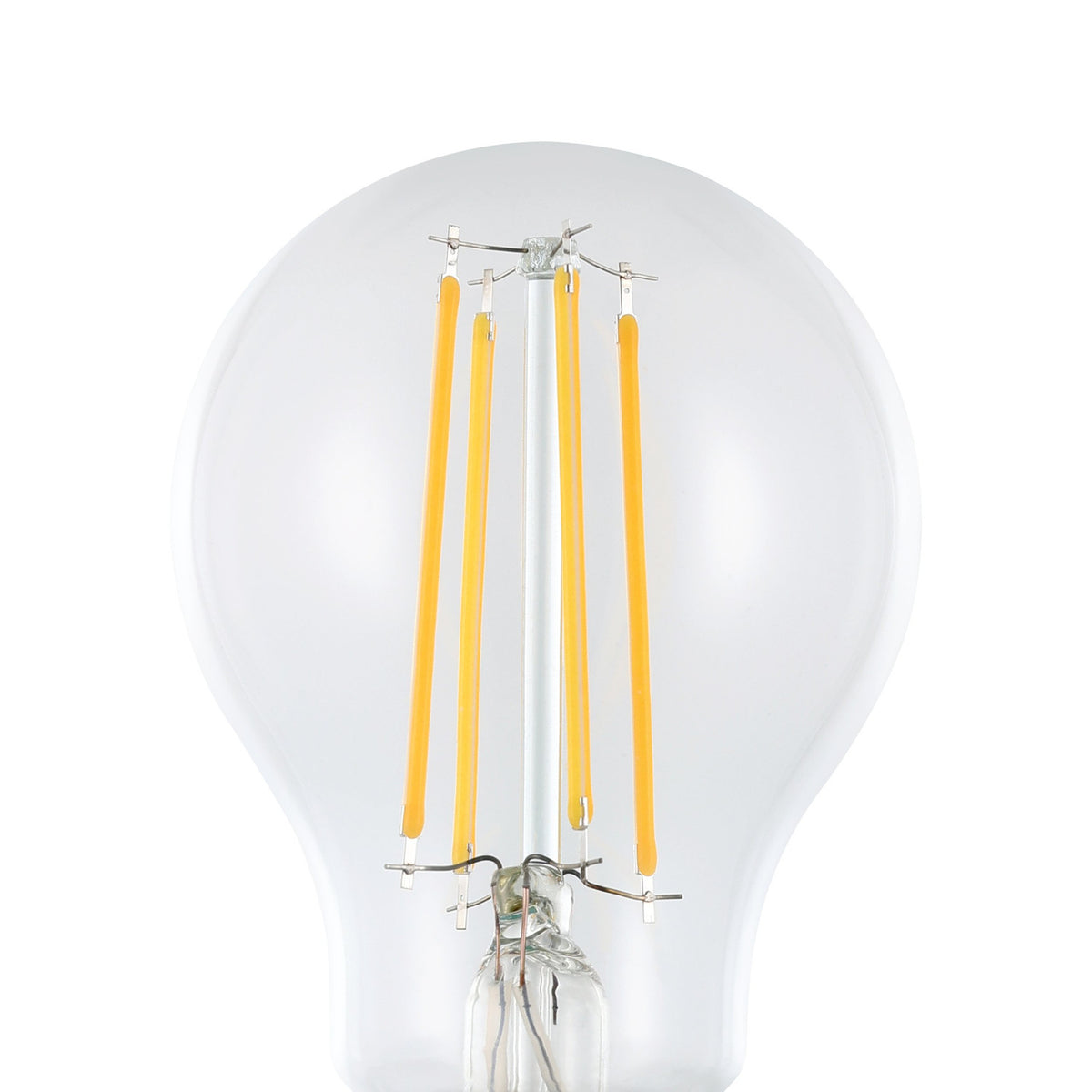 Close-up of a clear glass GLS LED bulb with E27 screw cap, showing four vertical warm white filaments inside, on a plain white background.