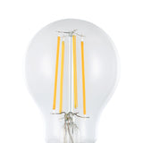 Close-up of a clear glass GLS LED bulb with E27 screw cap, showing four vertical warm white filaments inside, on a plain white background.