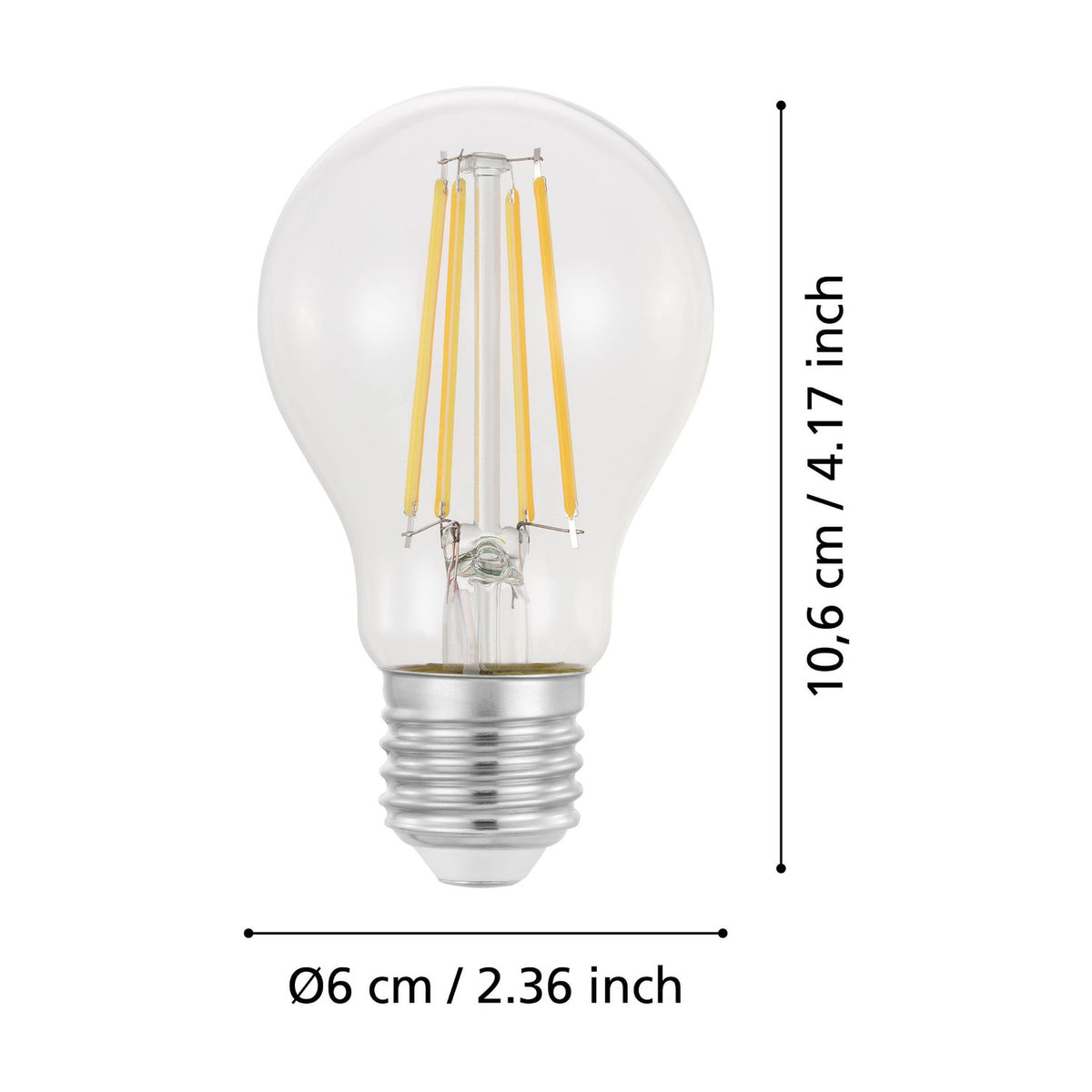 Clear glass GLS LED bulb with E27 screw cap and four visible filaments, shown with dimensions labelled 10.6cm height and 6cm diameter on a white background.