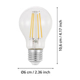 Clear glass GLS LED bulb with E27 screw cap and four visible filaments, shown with dimensions labelled 10.6cm height and 6cm diameter on a white background.