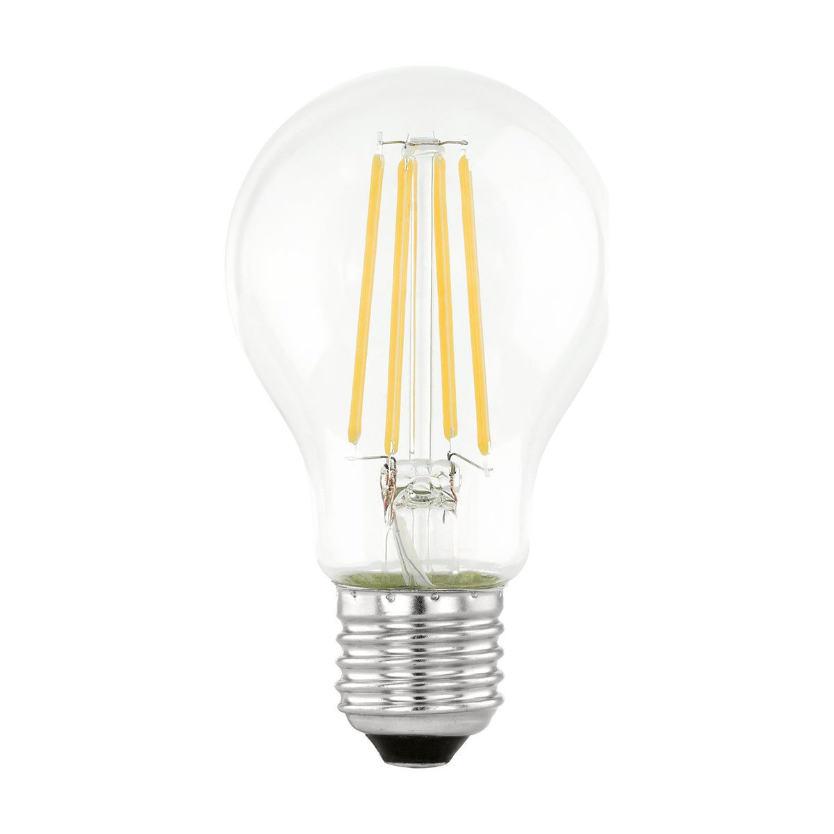 Clear glass GLS LED bulb with E27 screw cap and four vertical filaments, warm white 3000K, 7.3W, shown on a plain white background.