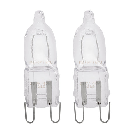 Pack of two clear halogen oven bulbs with G9 looped-pin caps, 40W, 460lm warm white, shown upright on a plain white background.