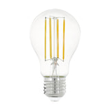 Clear LED bulb, classic A-shape with E27 screw cap, showing four upright filaments in clear glass, 7W 806lm CCT, on a plain white background.