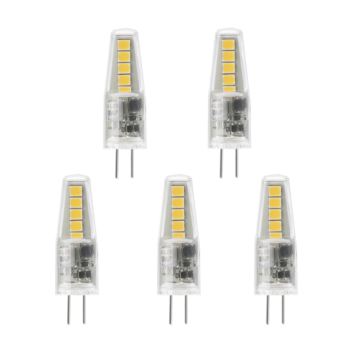 Set of five clear LED G4 capsule bulbs with visible LED chip columns and two-pin bases, 1W warm white, shown on a plain white background.