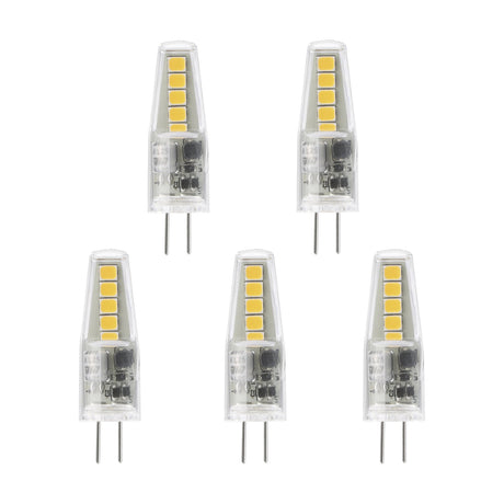 Set of five clear LED G4 capsule bulbs with visible LED chip columns and two-pin bases, 1W warm white, shown on a plain white background.