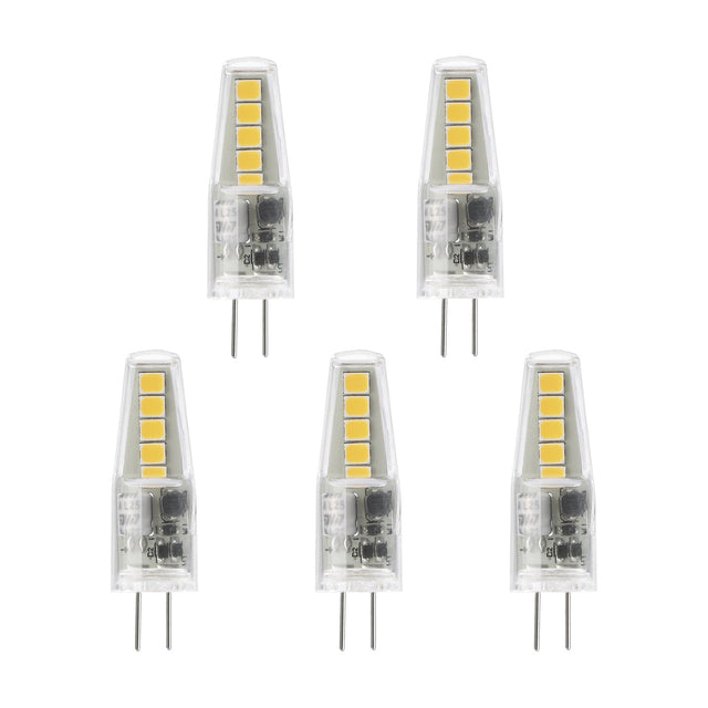 Set of five clear LED G4 capsule bulbs with visible LED chip columns and two-pin bases, 1W warm white, shown on a plain white background.