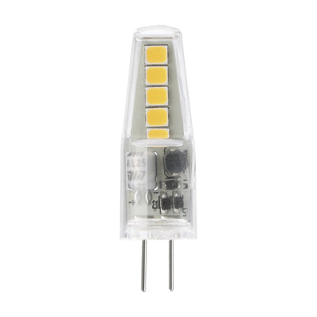 Clear LED capsule bulb with G4 bi-pin cap, showing a vertical row of LED chips above a circuit board, 1W 220-240V warm white, on a plain white background.