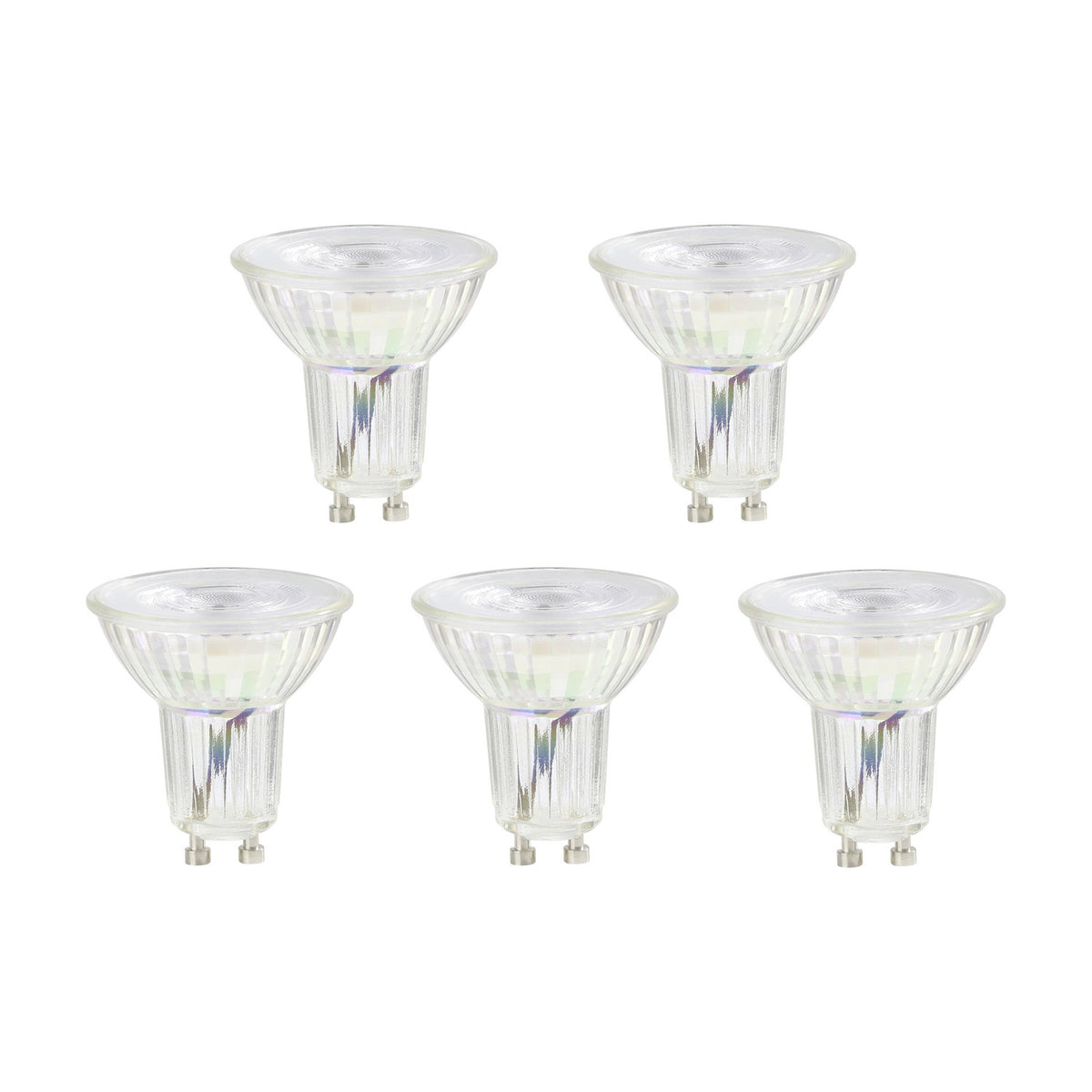 Pack of five clear LED GU10 reflector bulbs with ribbed glass casing and two-pin bases, shown upright on a plain white background.