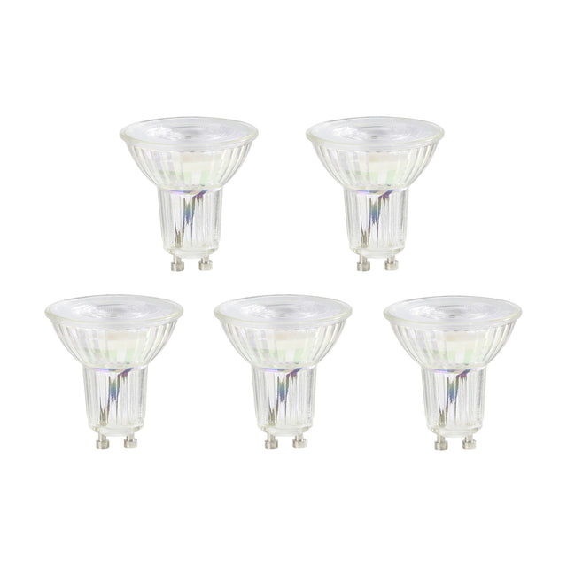 Pack of five clear LED GU10 reflector bulbs with ribbed glass casing and two-pin bases, shown upright on a plain white background.