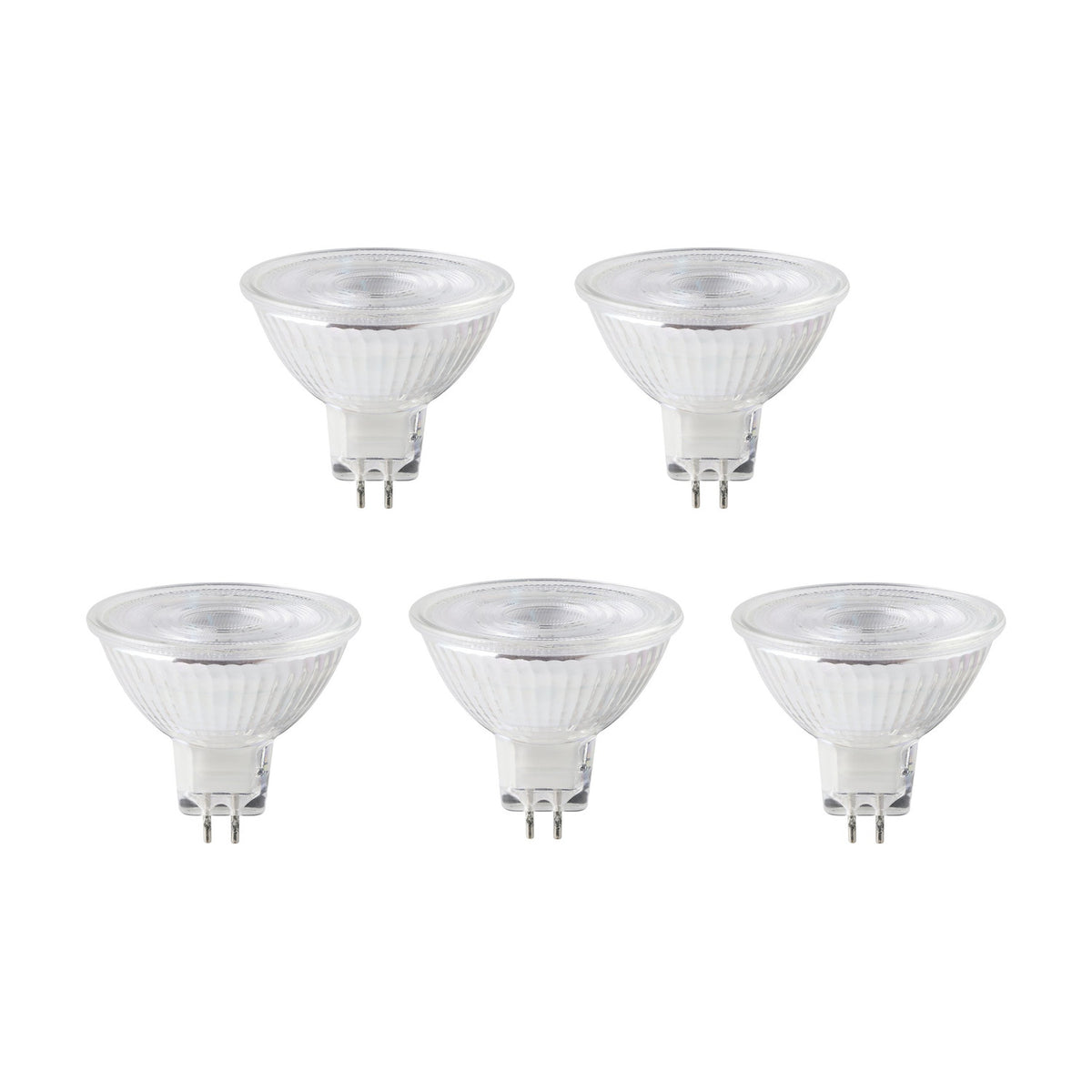 Set of five clear LED MR16 reflector bulbs with GU5.3 two-pin caps, fluted glass sides and smooth front lens, shown on a plain white background.