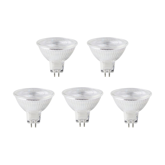 Set of five clear LED MR16 reflector bulbs with GU5.3 two-pin caps, fluted glass sides and smooth front lens, shown on a plain white background.