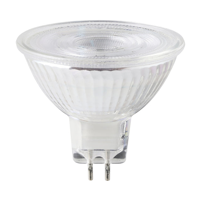 Clear LED bulb GU5.3 MR16 spotlight with ribbed glass reflector and two-pin base, 345lm warm white, shown on a plain white background.