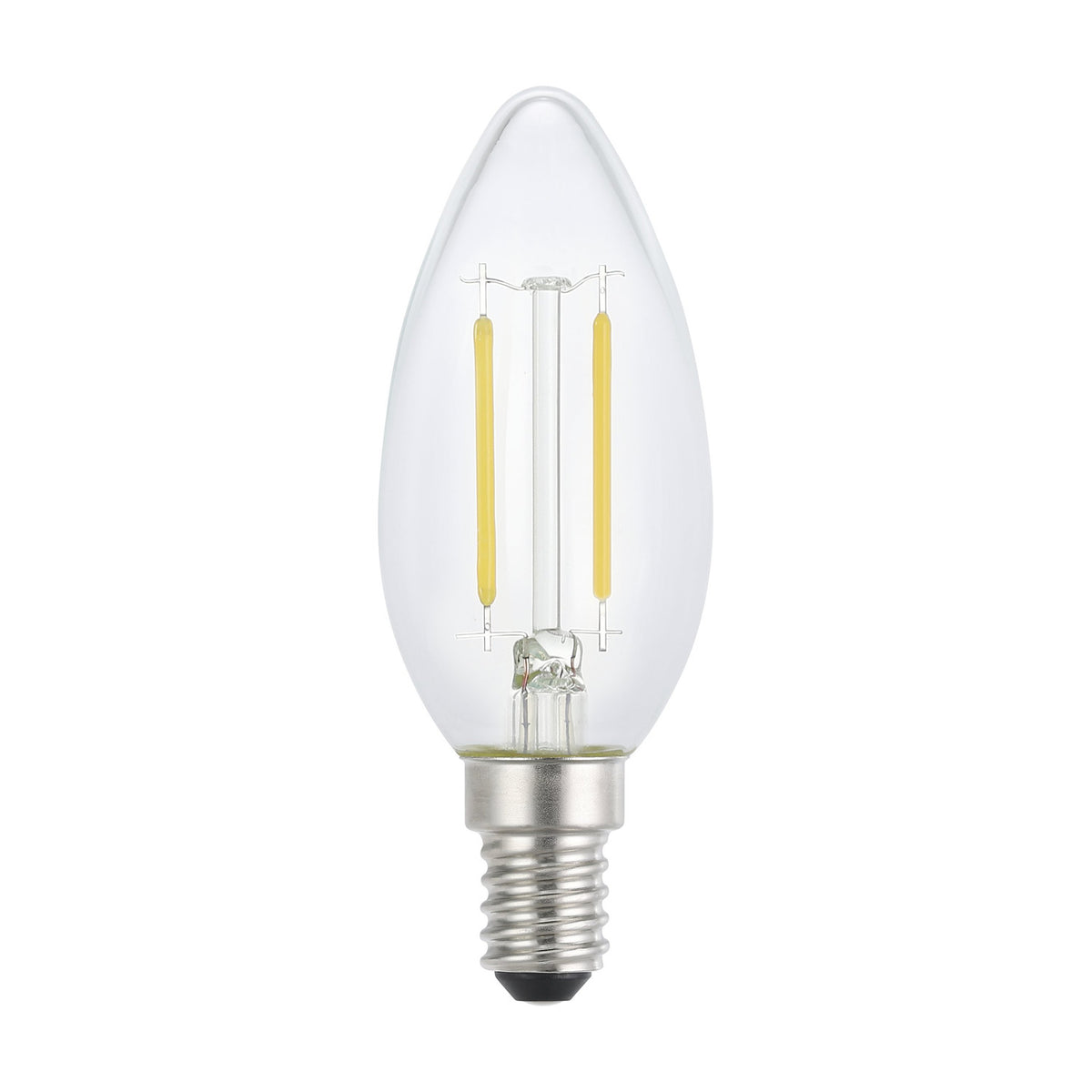 Clear LED candle bulb (E14, C35) with two visible upright filaments and a silver screw cap, shown against a plain white background, warm white 2700K light.
