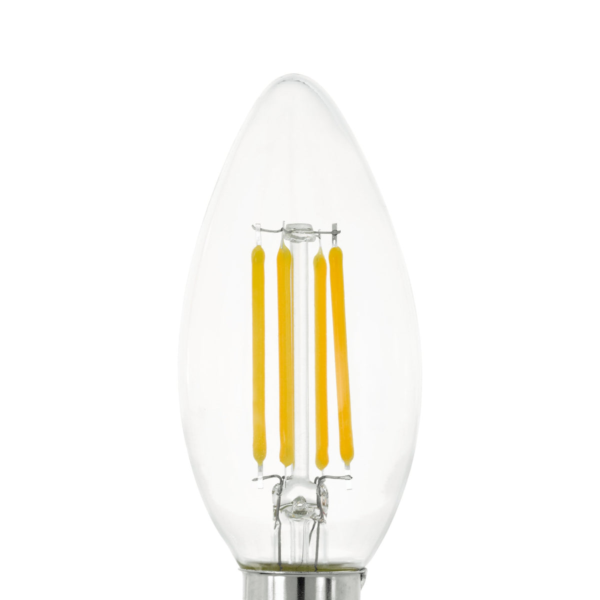 Clear LED candle bulb E14 C35, tapered clear glass with four visible filament strips and a silver-toned screw cap, shown on a plain white background.