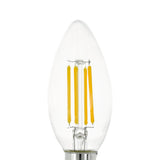 Clear LED candle bulb E14 C35, tapered clear glass with four visible filament strips and a silver-toned screw cap, shown on a plain white background.