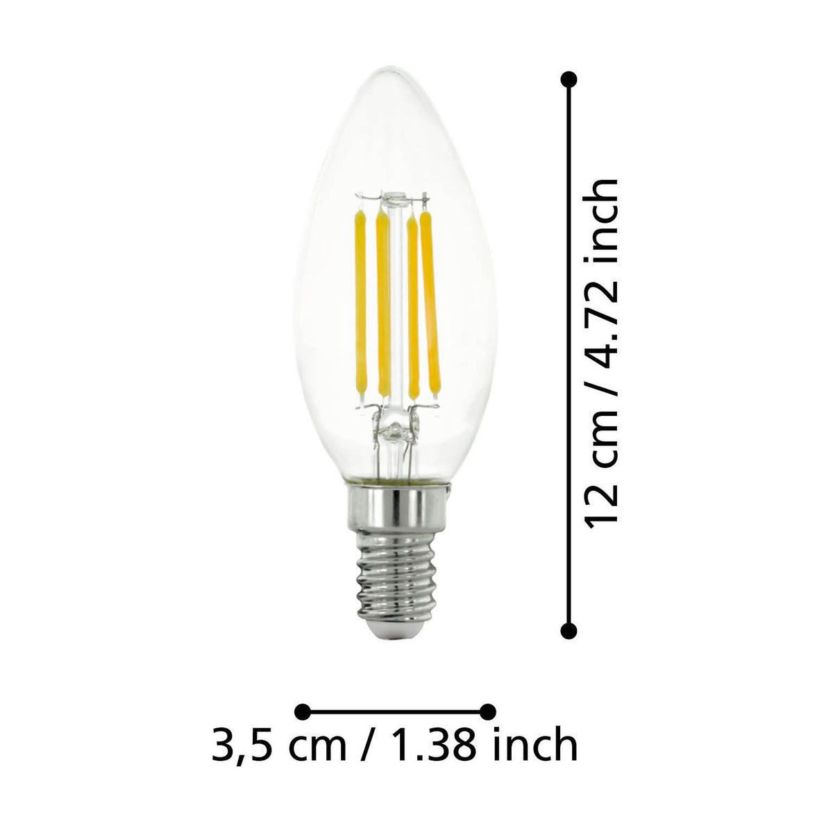 Clear LED candle bulb with E14 screw cap, four visible filament strips, and dimension markers showing 12cm length and 3.5cm width on a white background.