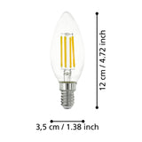 Clear LED candle bulb with E14 screw cap, four visible filament strips, and dimension markers showing 12cm length and 3.5cm width on a white background.