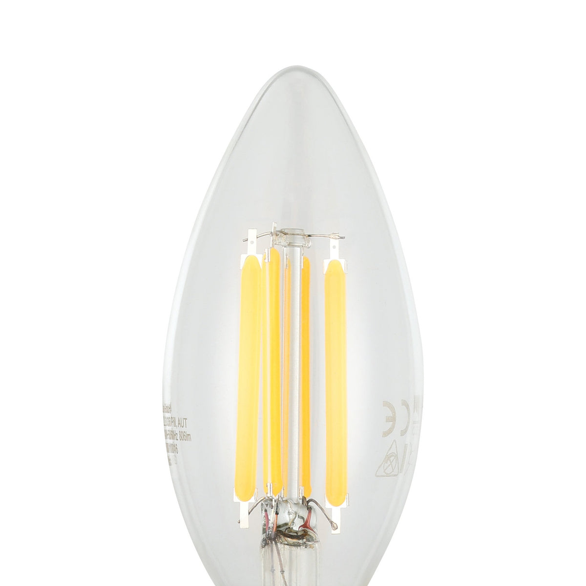 Close-up of a clear LED candle bulb, E14 fitting, C35 shape, with visible upright filaments, 7W, 806lm, warm white, on a plain white background.