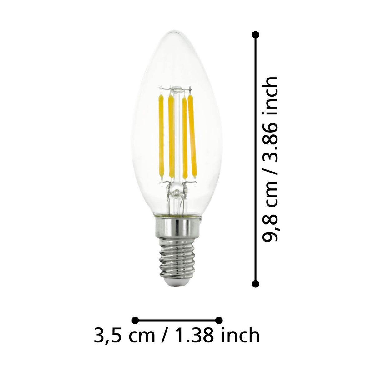 Clear LED candle bulb with E14 screw cap and visible upright filaments, shown with size diagram labelling 9.8cm length and 3.5cm diameter on a white background.