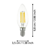 Clear LED candle bulb with E14 screw cap and visible upright filaments, shown with size diagram labelling 9.8cm length and 3.5cm diameter on a white background.