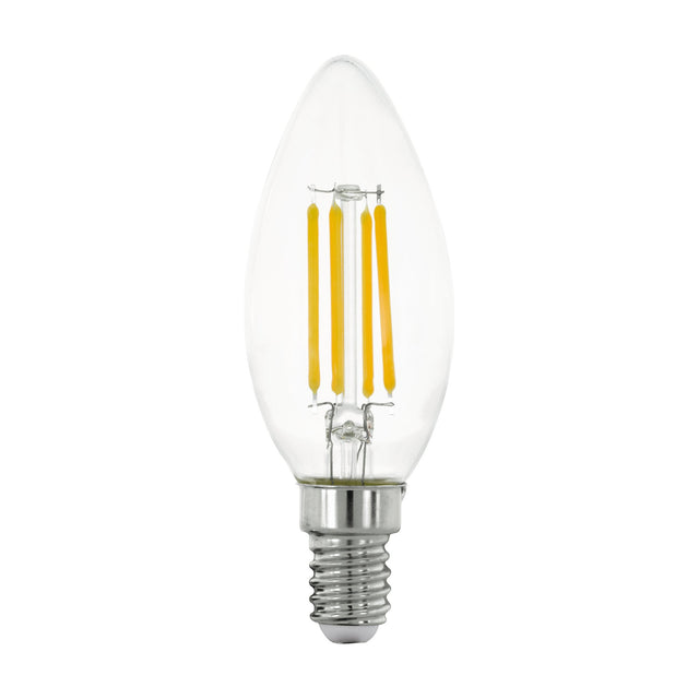 Clear LED candle bulb with E14 screw cap, showing four visible upright filaments in a C35 glass shape, set against a plain white background.