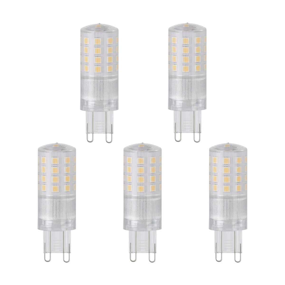 Five clear LED capsule bulbs with G9 pin caps, showing visible LED chips in rows, ribbed lower sections, and looped pins, on a plain white background.