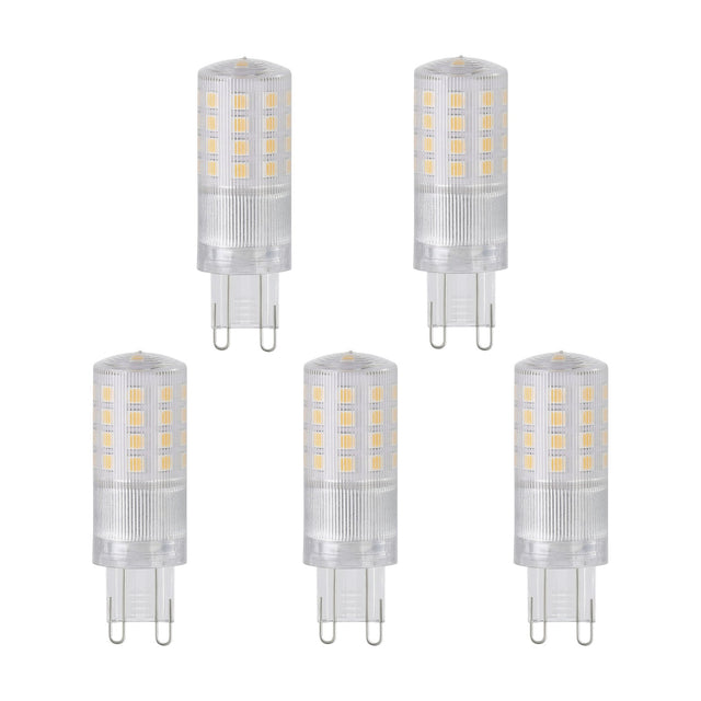 Five clear LED capsule bulbs with G9 pin caps, showing visible LED chips in rows, ribbed lower sections, and looped pins, on a plain white background.