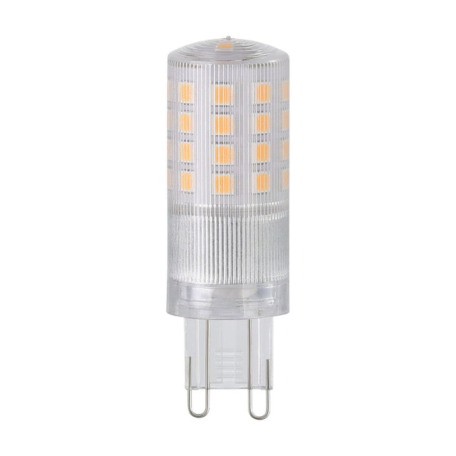 Clear LED capsule bulb with G9 twin-pin cap, ribbed glass body showing visible LED chips, warm white 2700K, shown on a plain white background.