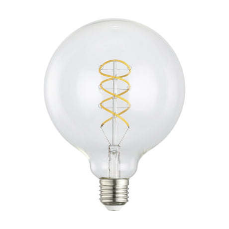 Clear LED globe bulb, G125 shape, with a spiral filament and E27 screw cap, shown on a plain white background, 7.3W warm white 2700K, non-dimmable.