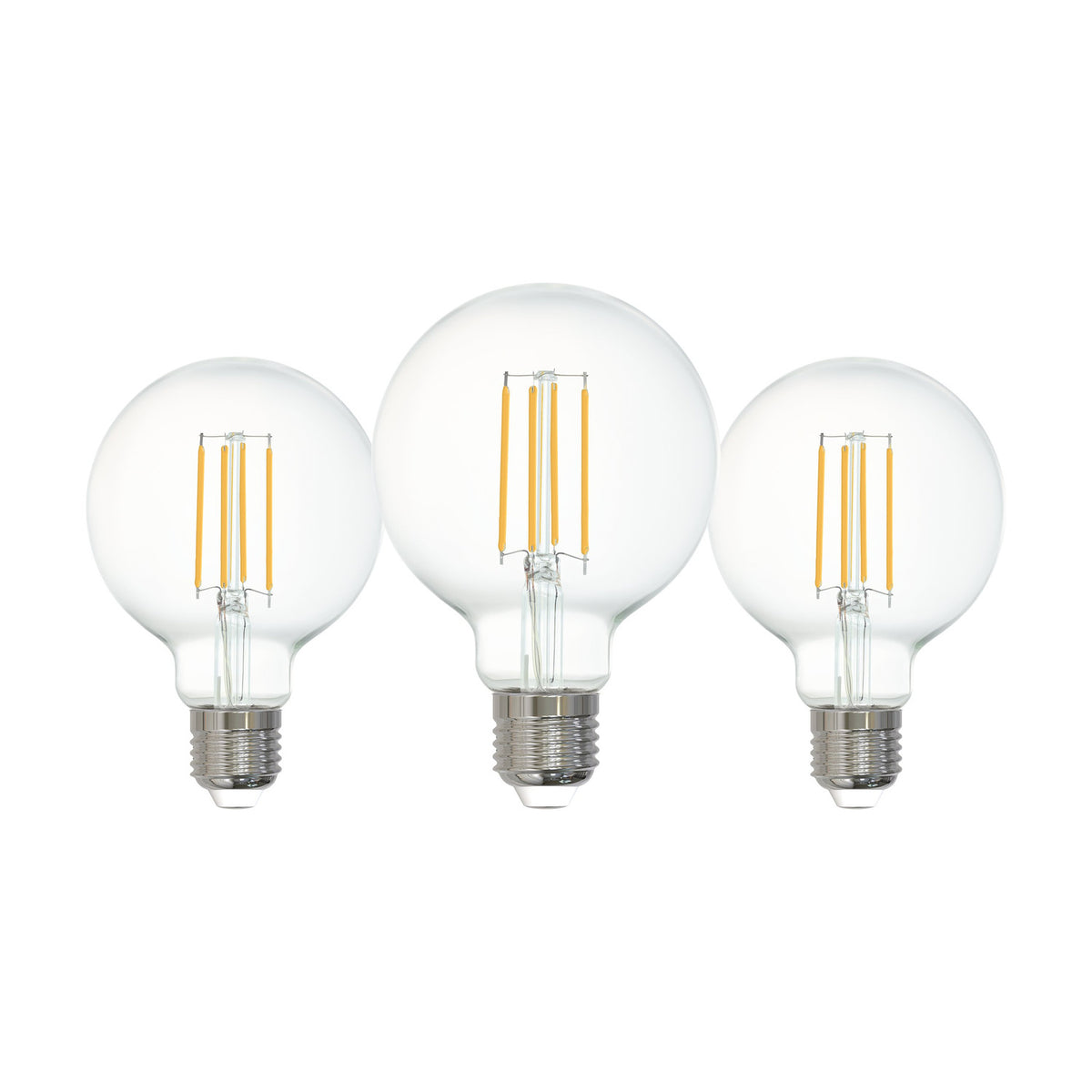 Pack of three clear LED G80 globe bulbs with visible filaments and E27 screw caps, 4W cool white, shown on a plain white background.