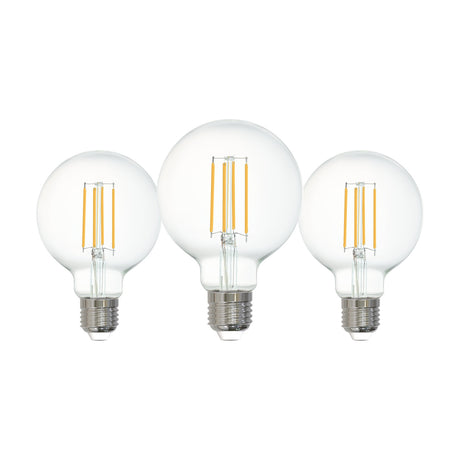 Pack of three clear LED G80 globe bulbs with visible filaments and E27 screw caps, 4W cool white, shown on a plain white background.