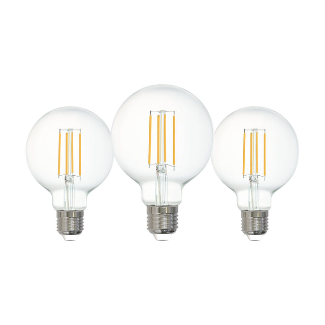 Pack of three clear LED G80 globe bulbs with visible filaments and E27 screw caps, 4W cool white, shown on a plain white background.