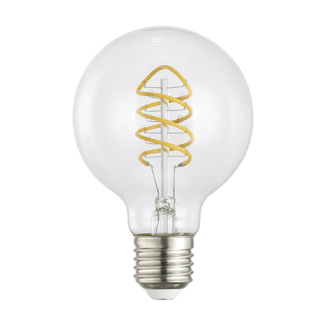 Clear LED globe bulb with E27 screw cap and spiral filament, G80 shape, 7.3W warm white light, shown on a plain white background.