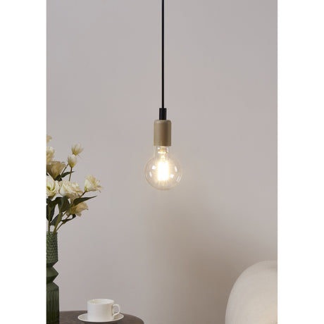 Clear LED globe bulb, E27 G95 7.2W warm white, pendant-mounted on a black cable above a side table with flowers and a teacup in a neutral-toned room.