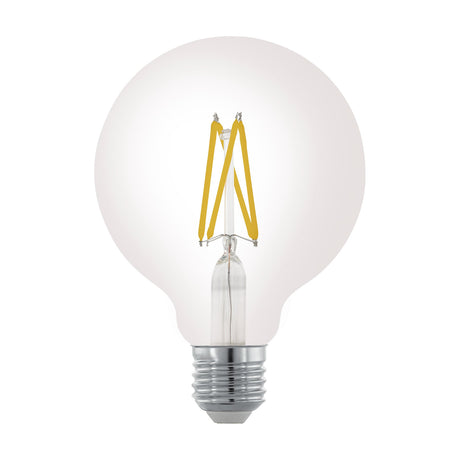 Clear LED globe bulb, G95 shape, with crossed yellow filaments visible inside, set on a silver E27 screw cap, 7.2W warm white, shown on a plain white background.