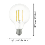 Clear LED globe bulb, G95 shape with E27 screw fitting, visible upright filaments, on a plain white background with dimensions 13.7cm x 9.5cm labelled.