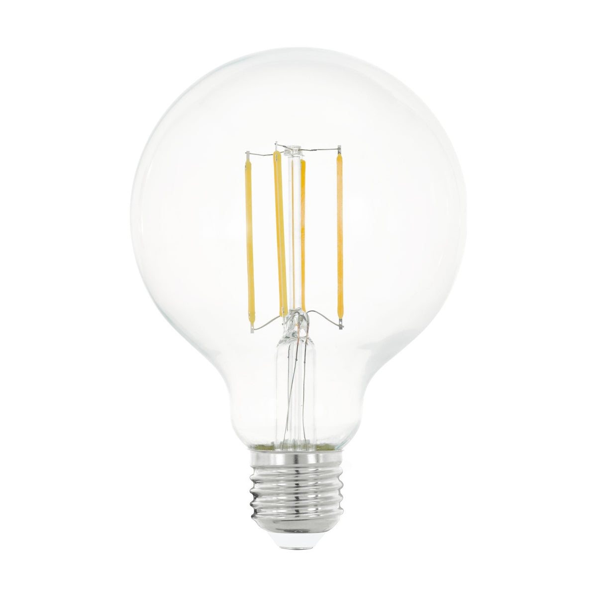 Clear LED globe bulb G95 with E27 screw fitting, showing four upright warm white filaments inside clear glass, 8W 1055lm, on a plain white background.