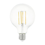 Clear LED globe bulb G95 with E27 screw fitting, showing four upright warm white filaments inside clear glass, 8W 1055lm, on a plain white background.