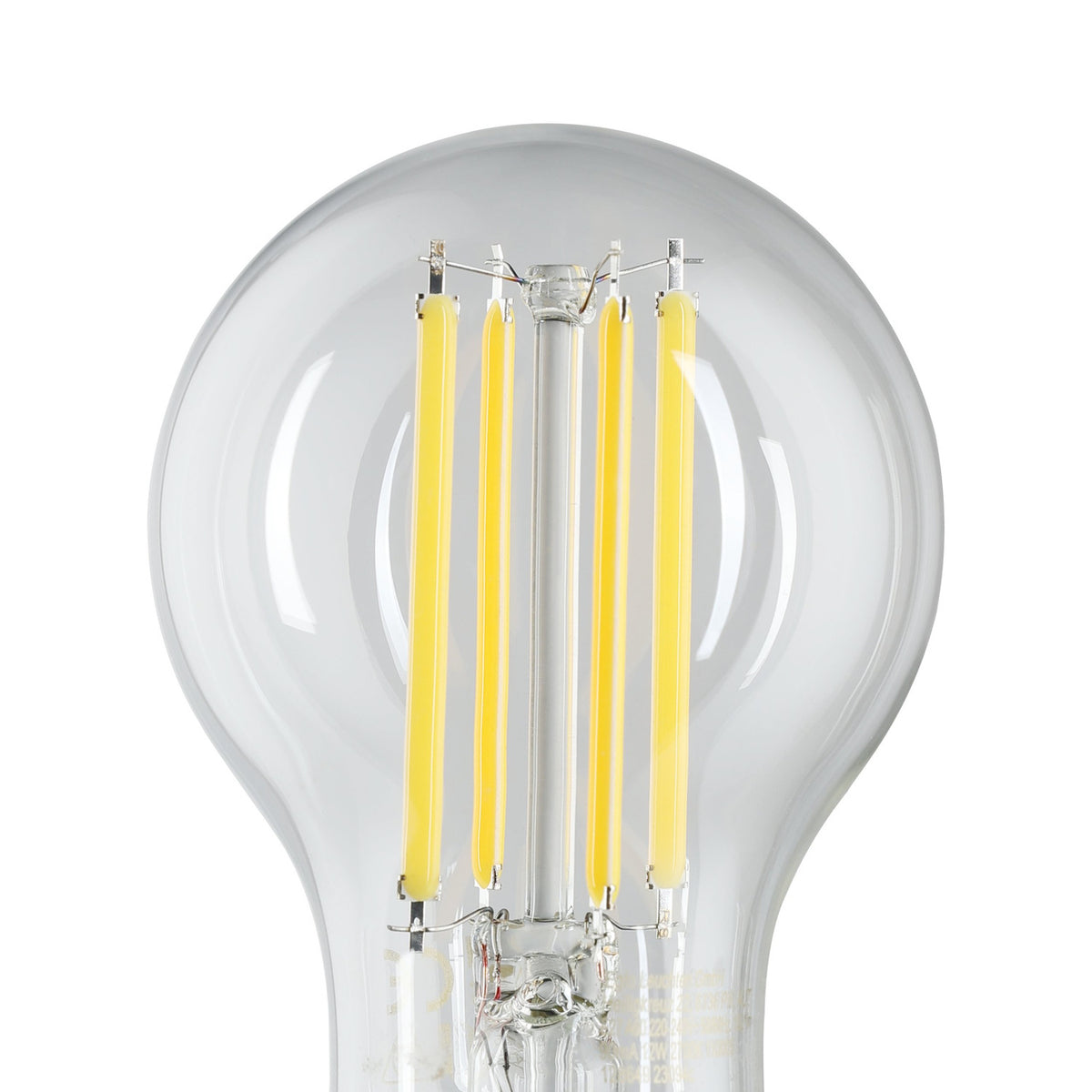 Close-up of a clear LED GLS bulb, E27 A60 shape, showing upright warm white filaments around a central glass stem, on a plain white background.