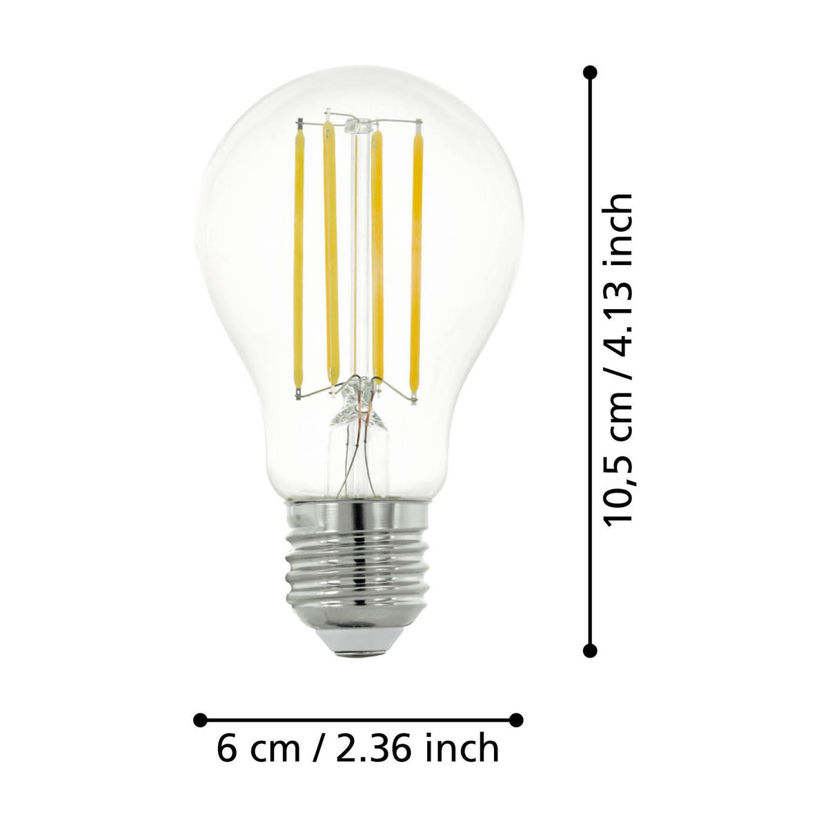 Clear LED GLS bulb with E27 screw cap, pear-shaped glass showing four upright filaments, shown on a white background with size labels 10.5cm height and 6cm width.