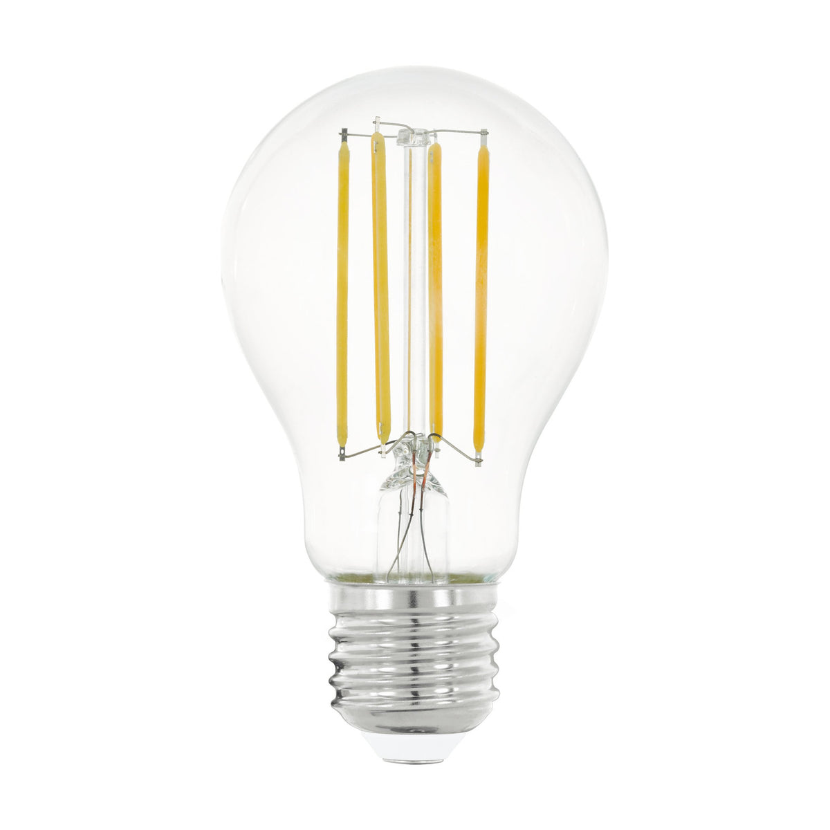 Clear LED GLS bulb with E27 screw cap, pear-shaped glass showing four vertical filaments, 12W 1521lm warm white, on a plain white background.