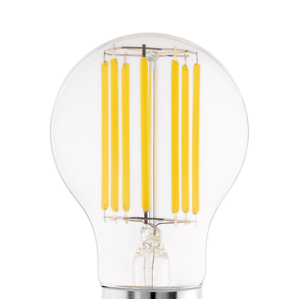 Close-up of a clear LED GLS bulb with E27 screw cap, showing eight slim upright yellow filaments inside a rounded glass envelope, on a white background.
