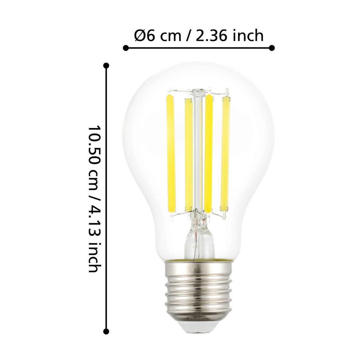 Clear LED GLS bulb with E27 screw cap and visible upright filaments, shown with dimensions labelled Ø6cm and 10.50cm on a white background.