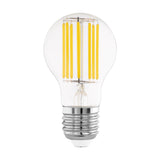 Clear LED GLS bulb with E27 screw cap, showing visible upright yellow filaments inside a rounded clear glass envelope and silver-tone base, on a plain white background.