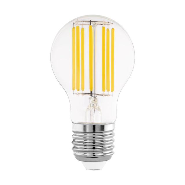 Clear LED GLS bulb with E27 screw cap, showing visible upright yellow filaments inside a rounded clear glass envelope and silver-tone base, on a plain white background.
