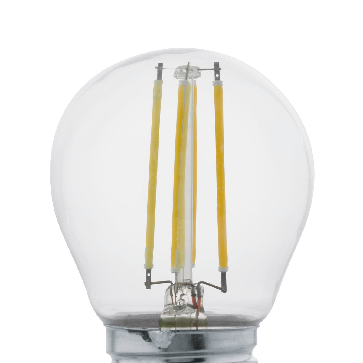 Close-up of a clear glass E27 golf ball LED bulb with four vertical warm white filaments, 4W, 470lm, shown on a plain white background.